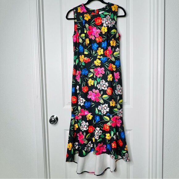 Calvin Klein Women's High Low Sleeveless Midi Scuba Dress Black Floral Size 6 - Picture 2 of 11